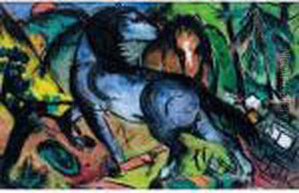 Zwei Grosse Pferde In Landschaft (two Large Horses In A Landscape) Oil Painting by Franz Marc