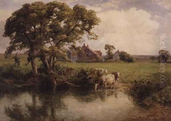 Cattle watering near a farmhouse Oil Painting by Thomas Pyne