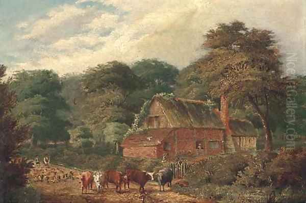 Cattle and sheep before a cottage Oil Painting by David Payne