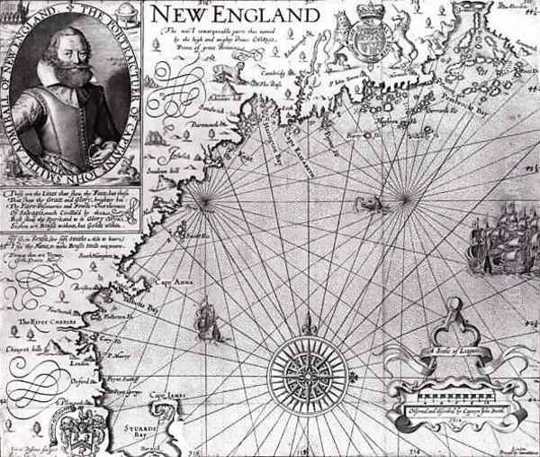 Map of the Coast of New England, Observed and Described by Captain John Smith 1580-1631 1614, from Generall Historie, 1624 Oil Painting by Simon de Passe