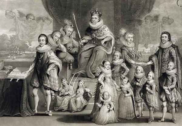 His Majesty James I and his Royal Progeny together with the Family of the King of Bohemia, engraved by Charles Turner 1773-1857, 1814 Oil Painting by Simon de Passe