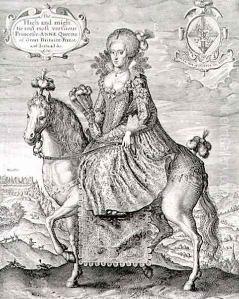 Equestrian Portrait of Anne of Denmark 1574-1619 engraved by the artist, pub. by Compton Holland, 1616 Oil Painting by Simon de Passe