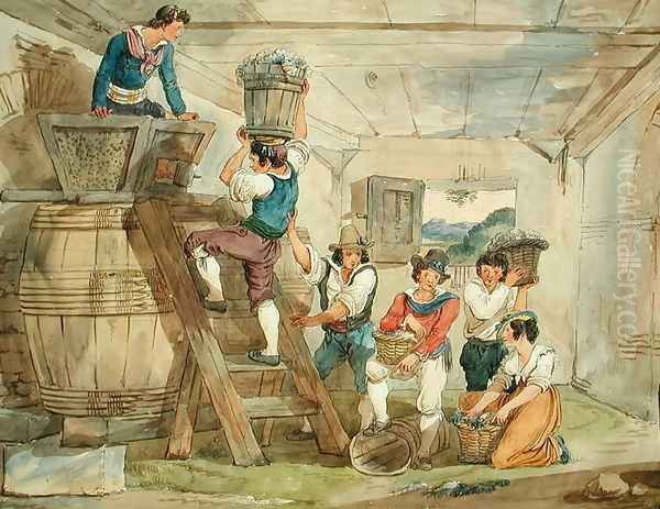 Grape-pickers carrying grapes to the press Oil Painting by Achille Pinelli