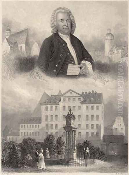 Portrait of Johann Sebastian Bach, Bachs Monument and St. Thomas Church and School in Leipzig, c. 1860 Oil Painting by Albert Henry Payne