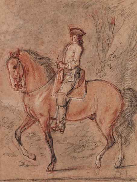 A gentleman wearing a tricorn hat on horseback in a landscape A study for an equestrian portrait of King Louis XV Oil Painting by Charles Parrocel