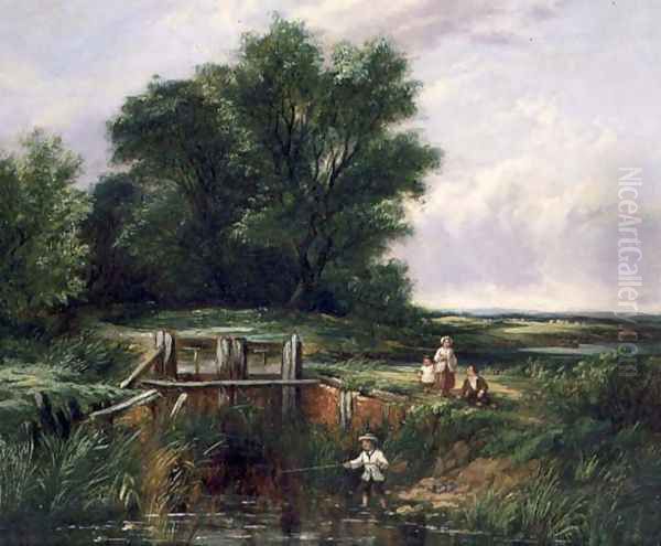 Children by a Lock Gate Oil Painting by John Anthony Puller