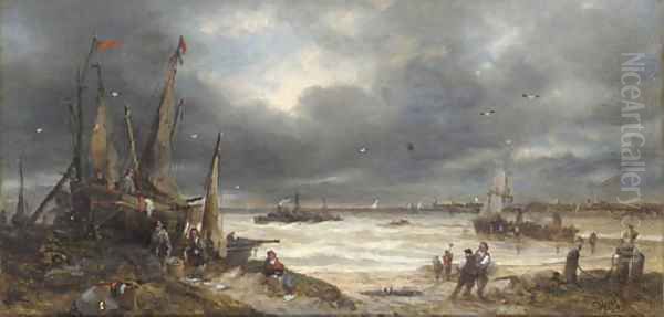 Fisherfolk working on the shore Oil Painting by John Anthony Puller