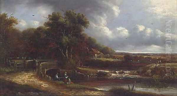 Figures by a river, a landscape beyond Oil Painting by John Anthony Puller