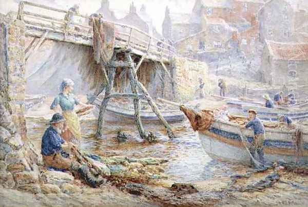 Mending the Nets, Staithes Oil Painting by John H. Parkyn