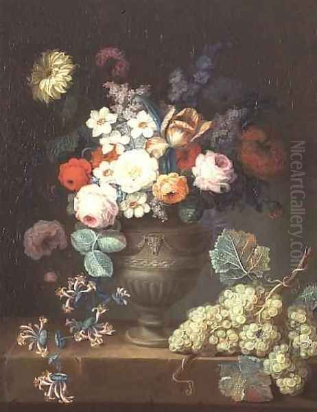 Still life of flowers in a classical vase with a bunch of grapes, 1768 Oil Painting by Philippe Parpette