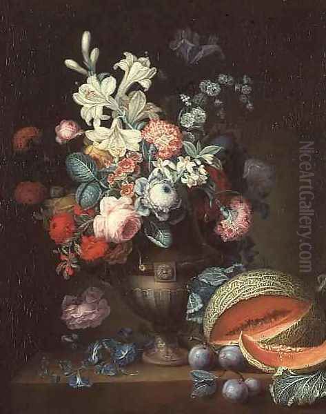 Still life of flowers in a classical vase with a cut melon, 1768 Oil Painting by Philippe Parpette