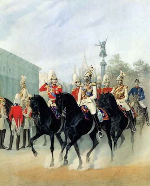 Emperor Nicholas I 1796-1855 and Grand Duke Alexander 1845-94 in St. Petersburg, 1843 Oil Painting by Karl Karlovich Piratsky