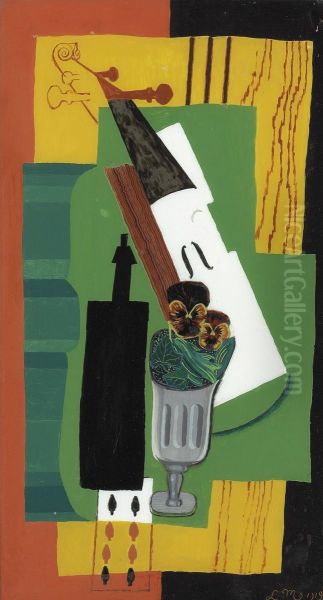 Violon, Bouteille Fleurs Dans Un Verre Et Huit De Pique Oil Painting by Louis Marcoussis