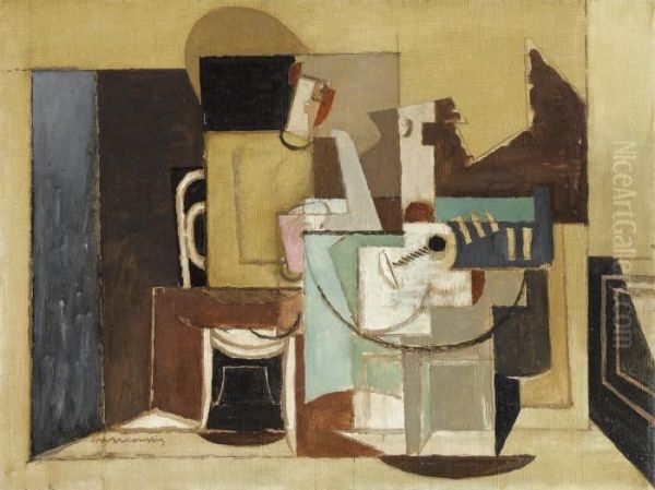 Personnage Assis A Une Table Ronde Oil Painting by Louis Marcoussis