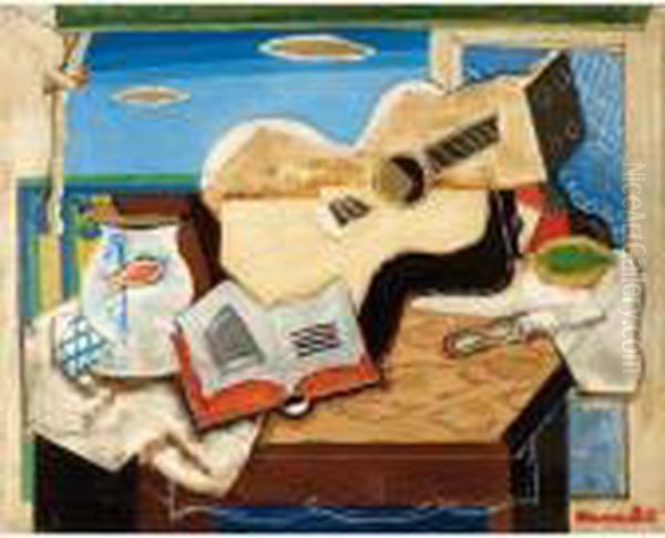 Bocal Au Poisson, Livre, Guitare Devant Le Balcon Oil Painting by Louis Marcoussis