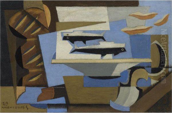 Pain Breton, Deux Poissons, Cuillere Oil Painting by Louis Marcoussis