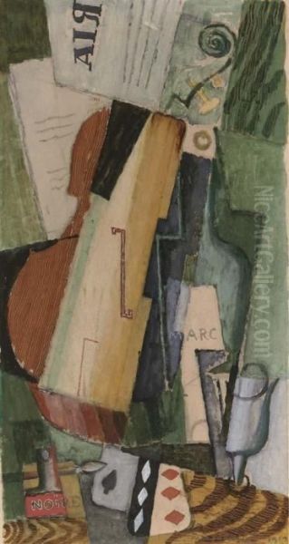 Violon, Bouteilles De Marc Et Cartes Oil Painting by Louis Marcoussis