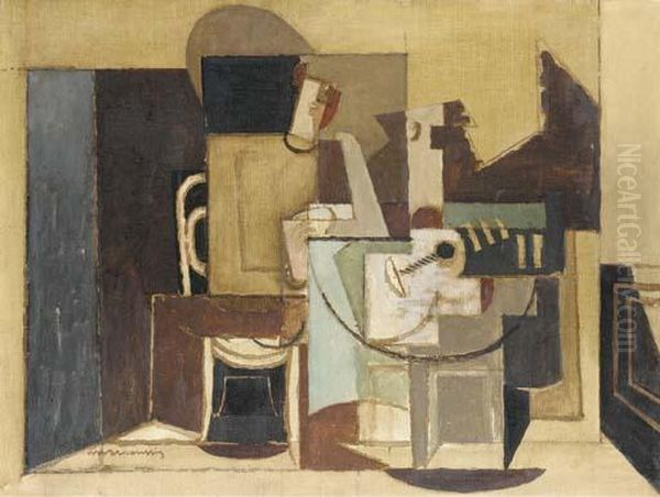 Personnage Assis A Une Table Ronde Oil Painting by Louis Marcoussis