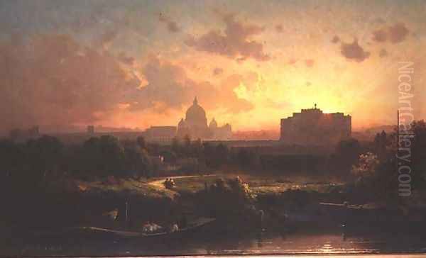 A view of Rome at sunset with St. Peters and the Castel S. Angelo Oil Painting by Antoine Ponthus-Cinier