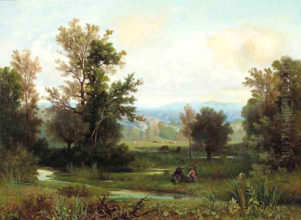 A couple seated on a riverbank with the Alps beyond Oil Painting by Antoine Ponthus-Cinier