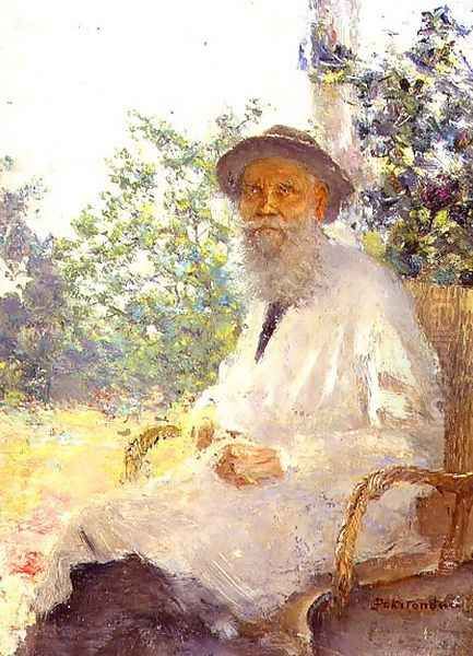 Portrait of Lev Nikolaevich Tolstoy 1828-1910 on the Terrace, 1905 Oil Painting by Ivan Pokitonov