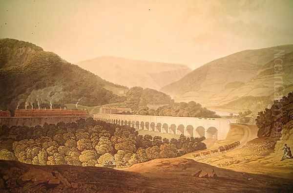 View of a Stone Bridge across the Valley and River at Risca in Monmouthshire Oil Painting by Pugh, Edward