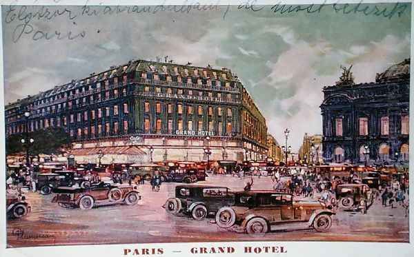 Postcard depicting the Grand Hotel, Cafe de la Paix and the Place de lOpera, Paris, 1929 Oil Painting by Plumereau