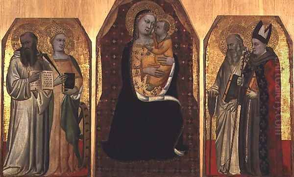 Triptych Madonna and Child flanked by four saints Oil Painting by Simone Puccio di