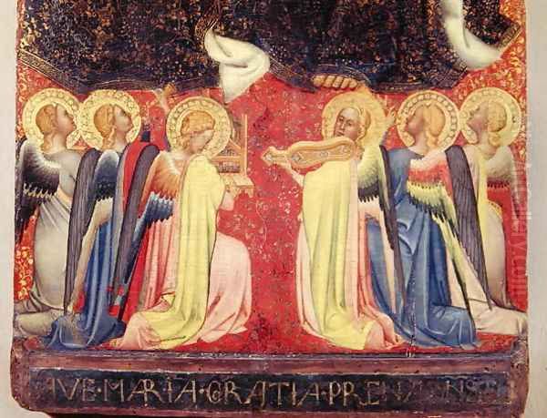 The Coronation of the Virgin, detail of angel musicians, c.1350 Oil Painting by Simone Puccio di