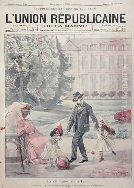 The Russian Imperial family on holiday at the Chateau de Wolfsgarten, from the front cover of LUnion Republicaine de la Marne magazine, 1899 Oil Painting by Alfred Pronier