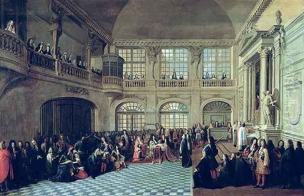 Philippe de Courcillon 1638-1720 Marquis of Dangeau pledging his oath to King Louis XIV 1638-1715 in 1695, late 17th century Oil Painting by Antoine Pezey