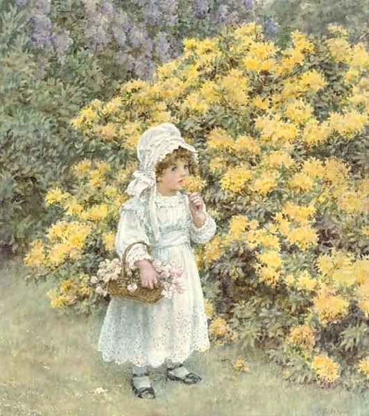 A little girl carrying a basket of flowers before an azalea bush Oil Painting by Caroline Paterson