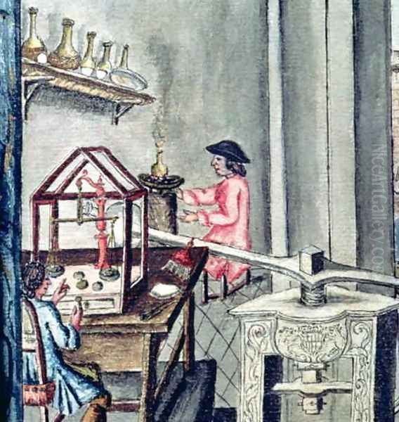 The Workshop of Silversmiths, from a silversmith book Llibre de Passenties per Argenters, 1761 Oil Painting by Francesco Pedraltes