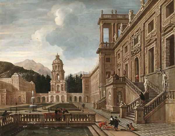 The Courtyard of a fantastical Palace with Figures gathered around a Fountain Oil Painting by Jacob Balthasar Peeters