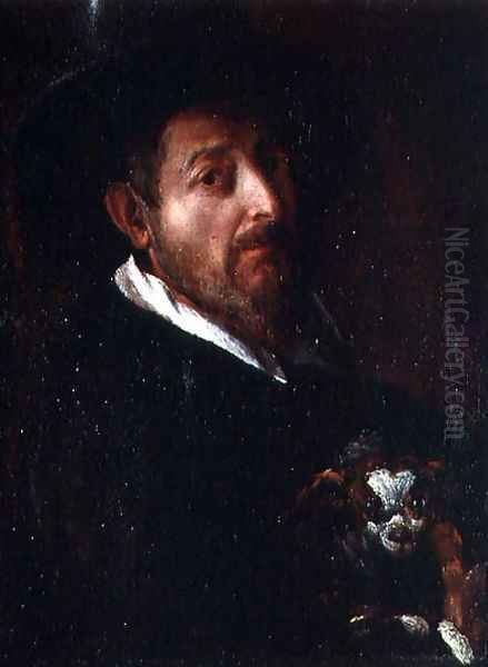 Self Portrait with a Dog Oil Painting by R. Poate