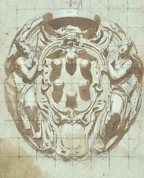 An elaborate cartouche with the Medici arms flanked by figures of Justice and Wisdom Oil Painting by Bernardino Barbatelli Poccetti