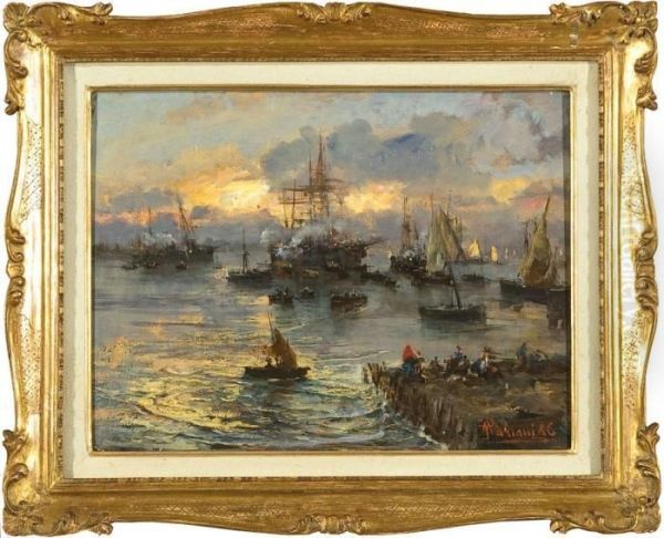 Velieri Nel Porto Di Genova Oil Painting by Pompeo Mariani