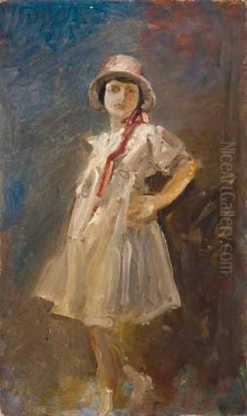 Ragazzina Con Fiocco Rosso Oil Painting by Pompeo Mariani