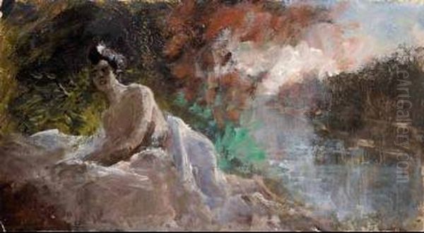 Donna Sul Lambro Oil Painting by Pompeo Mariani