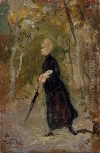 Signora A Passeggio Con Ombrellino Oil Painting by Pompeo Mariani