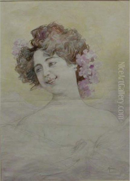 Ritratto Di Donna Con Fiori Tra I Capelli Oil Painting by Pompeo Mariani