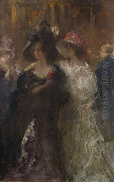 Two Elegant Ladies Oil Painting by Pompeo Mariani