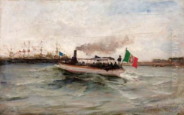 Lancia Ammiraglia Italiana Durante Le Feste Colombiane A Genova - 1892 Oil Painting by Pompeo Mariani