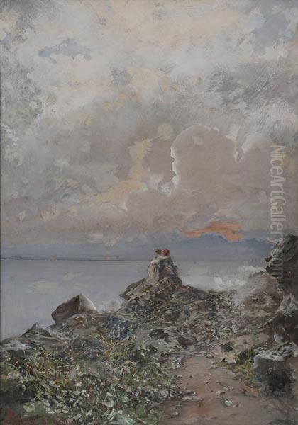 Amanti Sullo Scoglio A Bordighera Oil Painting by Pompeo Mariani