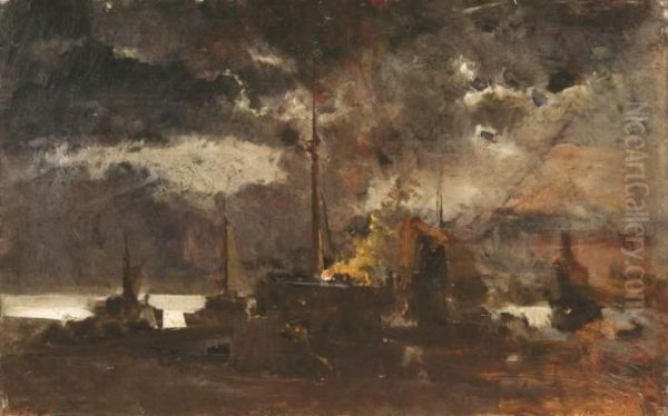 Incendio Nel Porto Di Genova Oil Painting by Pompeo Mariani