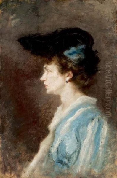 Ritratto Di Signora Di Profilo In Azzurro Con Cappello - 1903 Oil Painting by Pompeo Mariani