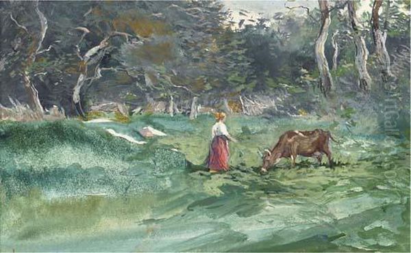 A Milkmaid And Her Cow Oil Painting by Pompeo Mariani