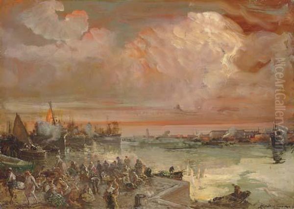 Sunset Over The Port Of Genoa Oil Painting by Pompeo Mariani