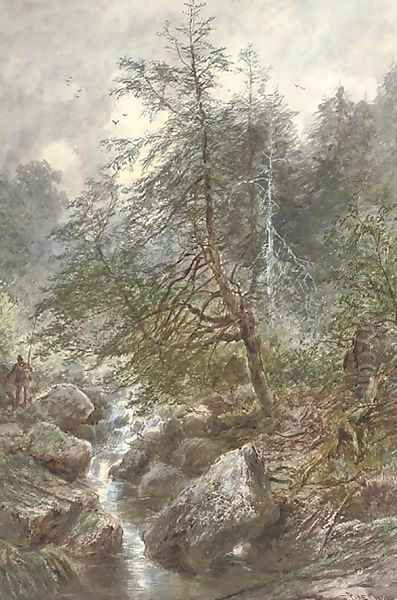 An angler by a waterfall Oil Painting by William Henry Pike