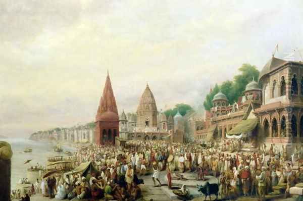 A View of Dasaswanadh Ghat, Benares, during the Dassera Festival Oil Painting by William Prinsep